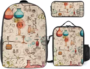 Science Chemical Knowledge Backpack Adjustable Shoulder Daypack Laptop Bag with Lunch Box and Pencil Case 3 in 1 Set