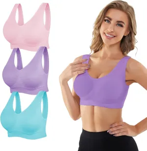 Seamless Sports Bras for Women 3 Pack,Wireless Bras Low Impact Sports Bra Sleep Comfortable Yoga Bras with Removable Pads