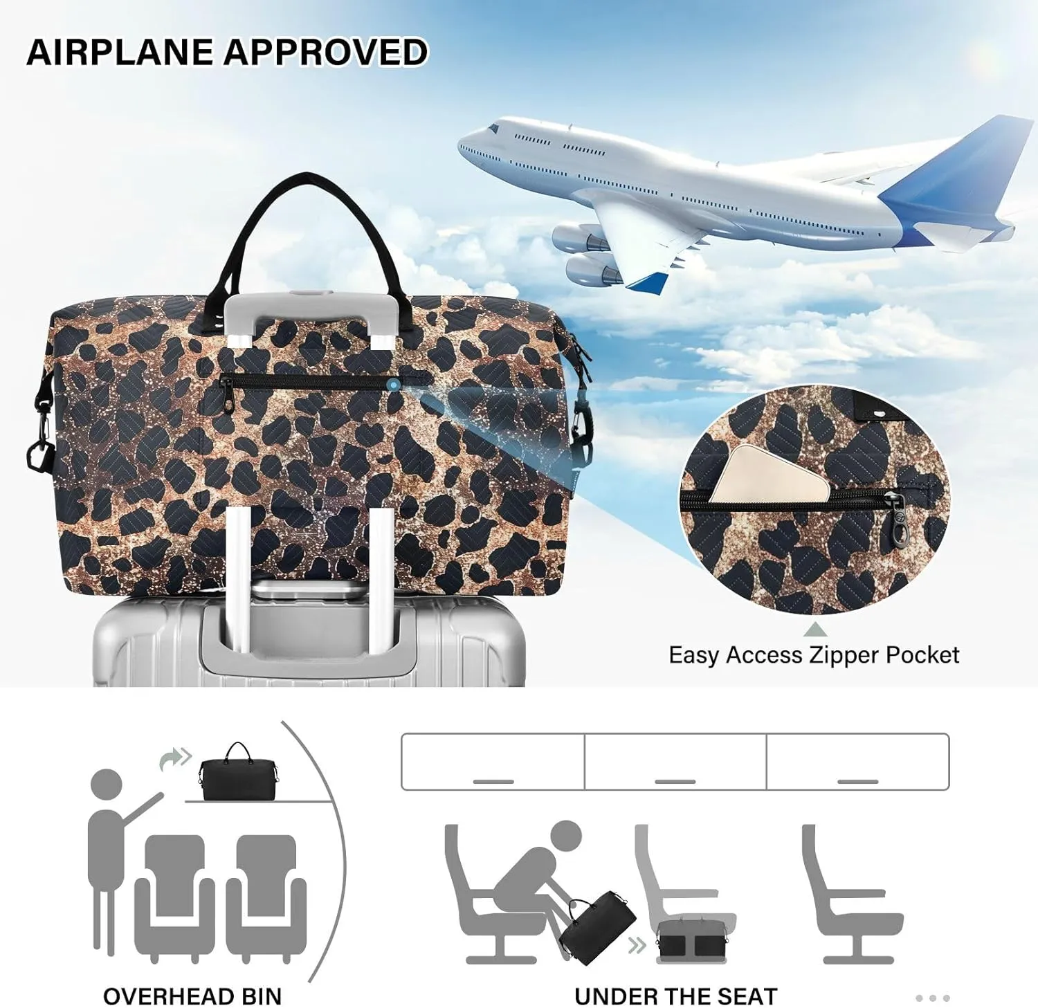 senya Leopard Print Leopard Weekender Duffle Bag Gym Bag, 20.5*13*7.9 inches, Includes Toiletry Bag, Multi-Purpose Uses