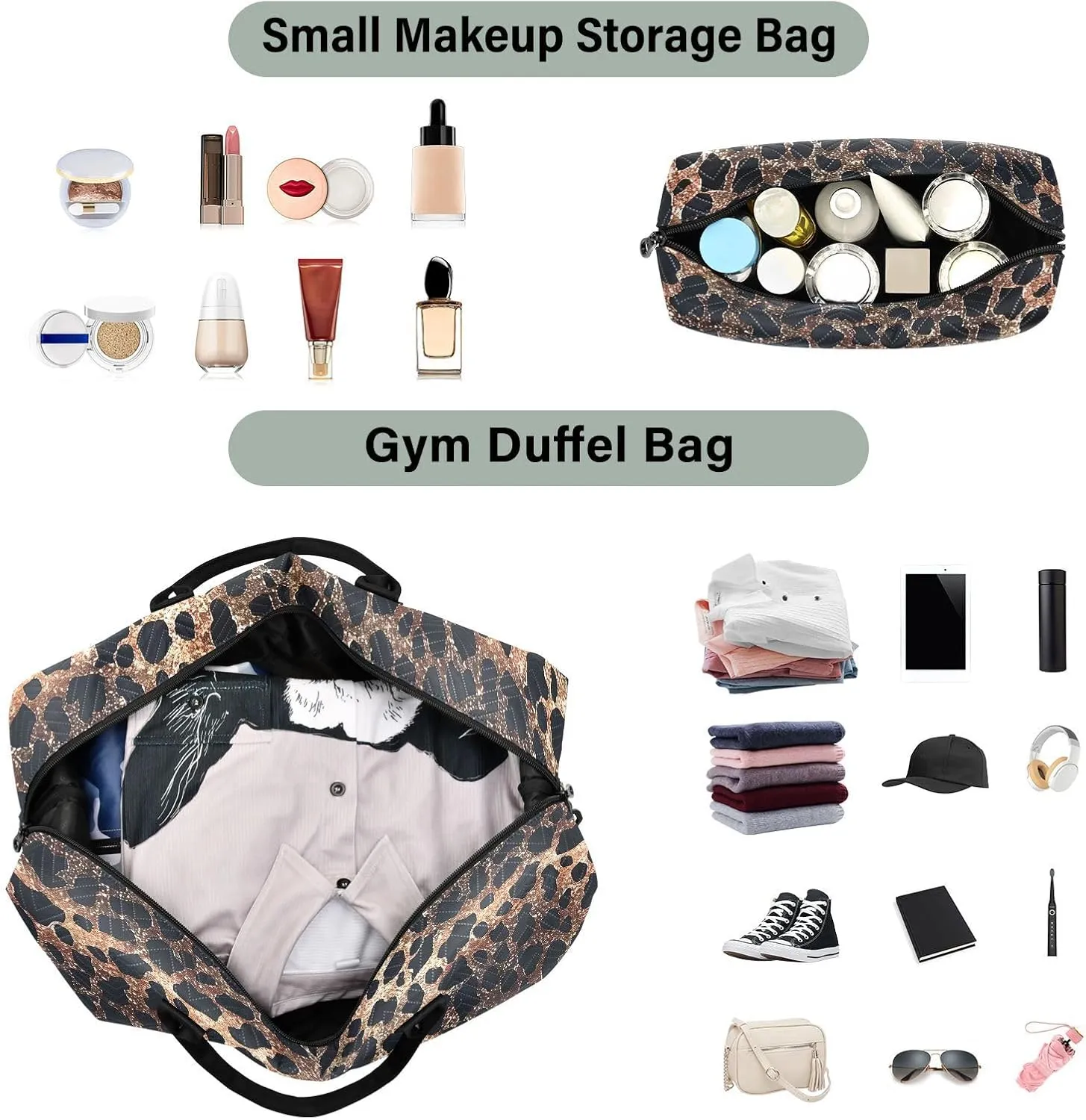 senya Leopard Print Leopard Weekender Duffle Bag Gym Bag, 20.5*13*7.9 inches, Includes Toiletry Bag, Multi-Purpose Uses