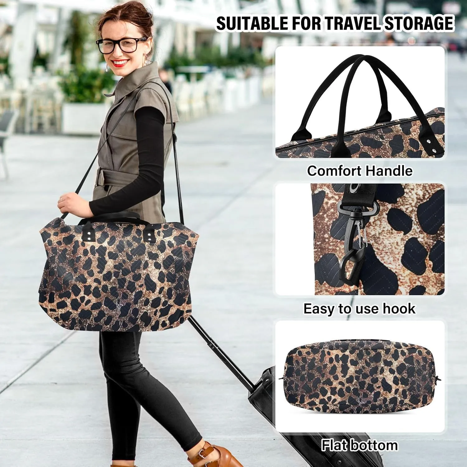 senya Leopard Print Leopard Weekender Duffle Bag Gym Bag, 20.5*13*7.9 inches, Includes Toiletry Bag, Multi-Purpose Uses