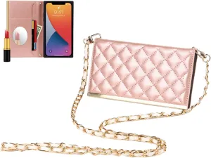 SGVAHY Wallet Case for iPhone X/Xs Fashion Luxury Flip Leather Classic Bag Design with Card Holder Crossbody Chain Shoulder Strap Bracket Mirror Shockproof Bumper Cover Rose Gold