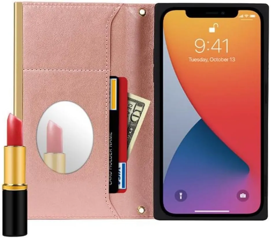 SGVAHY Wallet Case for iPhone X/Xs Fashion Luxury Flip Leather Classic Bag Design with Card Holder Crossbody Chain Shoulder Strap Bracket Mirror Shockproof Bumper Cover Rose Gold