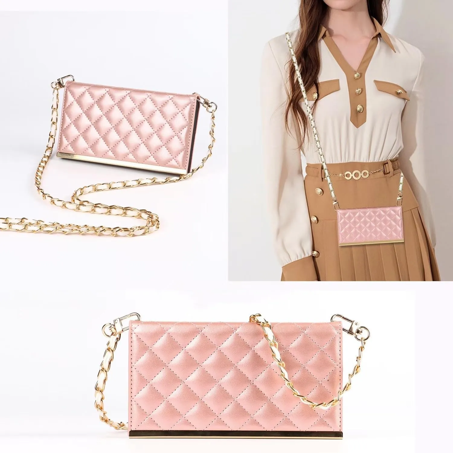 SGVAHY Wallet Case for iPhone X/Xs Fashion Luxury Flip Leather Classic Bag Design with Card Holder Crossbody Chain Shoulder Strap Bracket Mirror Shockproof Bumper Cover Rose Gold