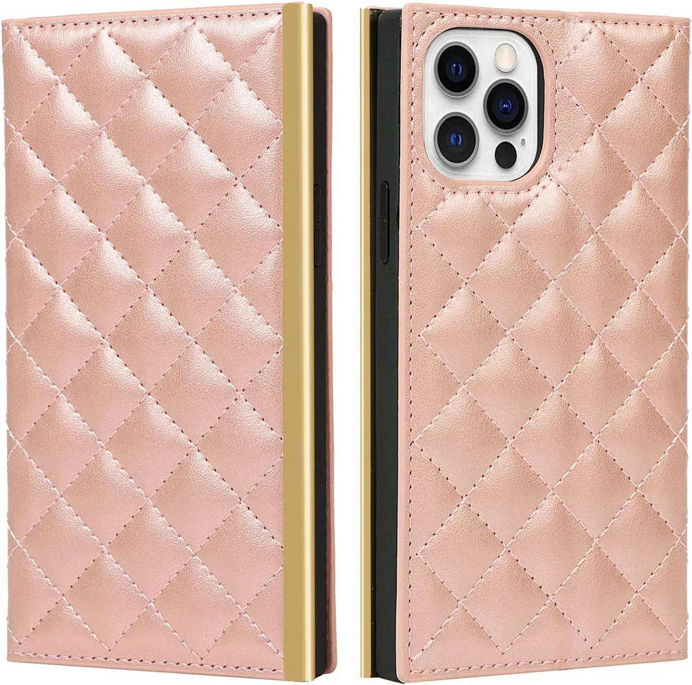SGVAHY Wallet Case for iPhone X/Xs Fashion Luxury Flip Leather Classic Bag Design with Card Holder Crossbody Chain Shoulder Strap Bracket Mirror Shockproof Bumper Cover Rose Gold