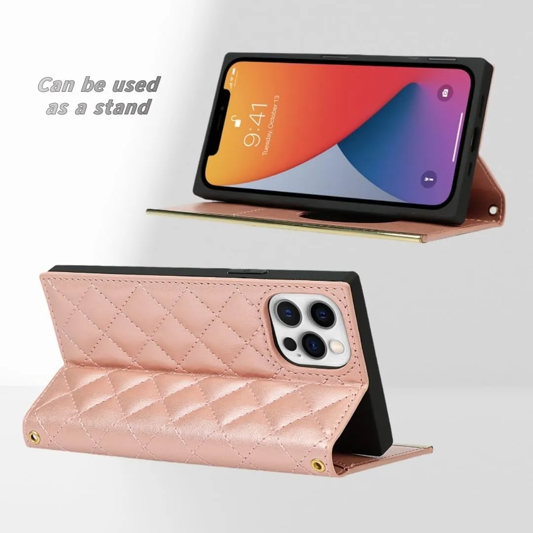SGVAHY Wallet Case for iPhone X/Xs Fashion Luxury Flip Leather Classic Bag Design with Card Holder Crossbody Chain Shoulder Strap Bracket Mirror Shockproof Bumper Cover Rose Gold