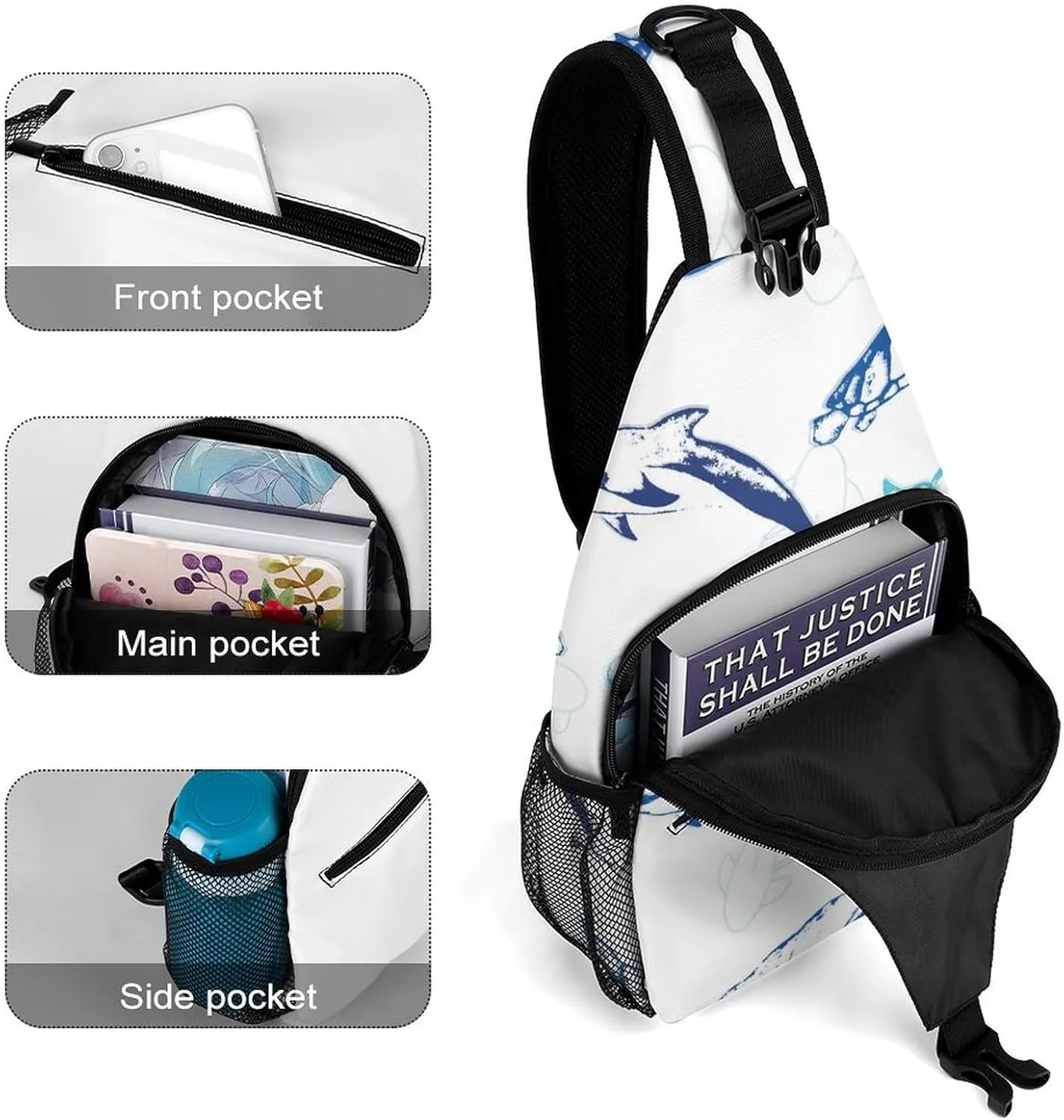Sharks Pattern Crossbody Sling Backpack, Shoulder Bag Chest Bag for Travel Sport Running, 38x20cm, Style-4