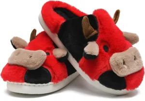 sharllen Fuzzy Cow Slippers for Kids Cute Fluffy Cow Kids House Slippers Toddler Girls Boys Animal Cartoon House Shoes for Indoor Outdoor