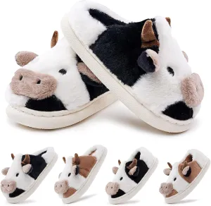 sharllen Fuzzy Cow Slippers for Kids Cute Fluffy Cow Kids House Slippers Toddler Girls Boys Animal Cartoon House Shoes for Indoor Outdoor