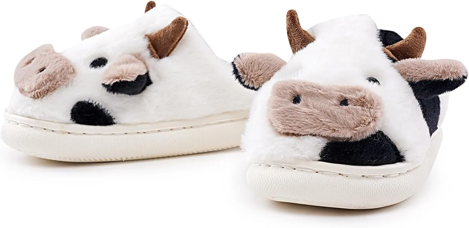sharllen Fuzzy Cow Slippers for Kids Cute Fluffy Cow Kids House Slippers Toddler Girls Boys Animal Cartoon House Shoes for Indoor Outdoor