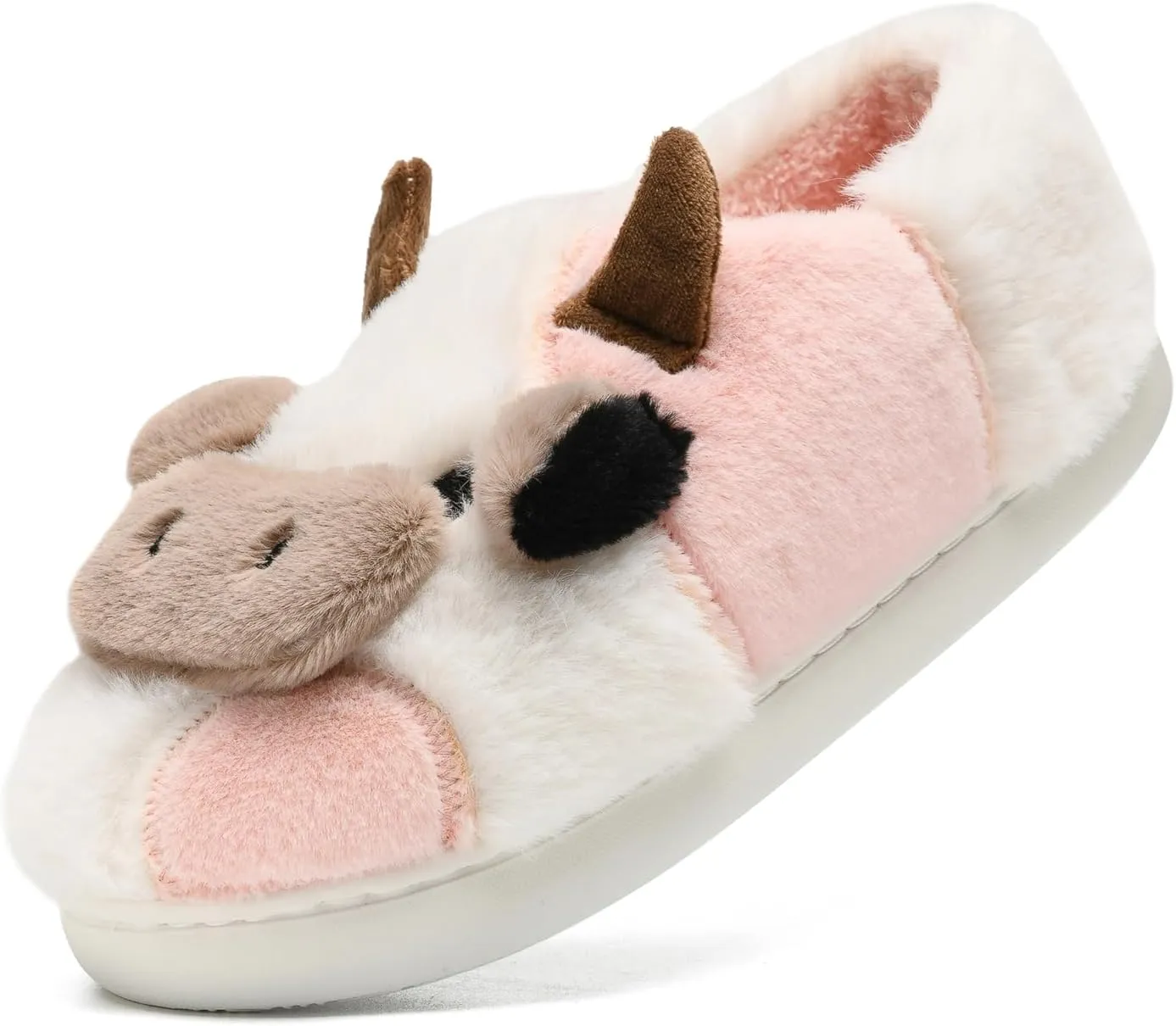 sharllen Fuzzy Cow Slippers for Kids Cute Fluffy Cow Toddler House Slippers Girls Boys Animal Cartoon House Shoes for Indoor Outdoor