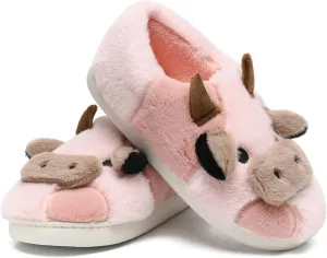 sharllen Fuzzy Cow Slippers for Kids Cute Fluffy Cow Toddler House Slippers Girls Boys Animal Cartoon House Shoes for Indoor Outdoor