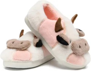 sharllen Fuzzy Cow Slippers for Kids Cute Fluffy Cow Toddler House Slippers Girls Boys Animal Cartoon House Shoes for Indoor Outdoor