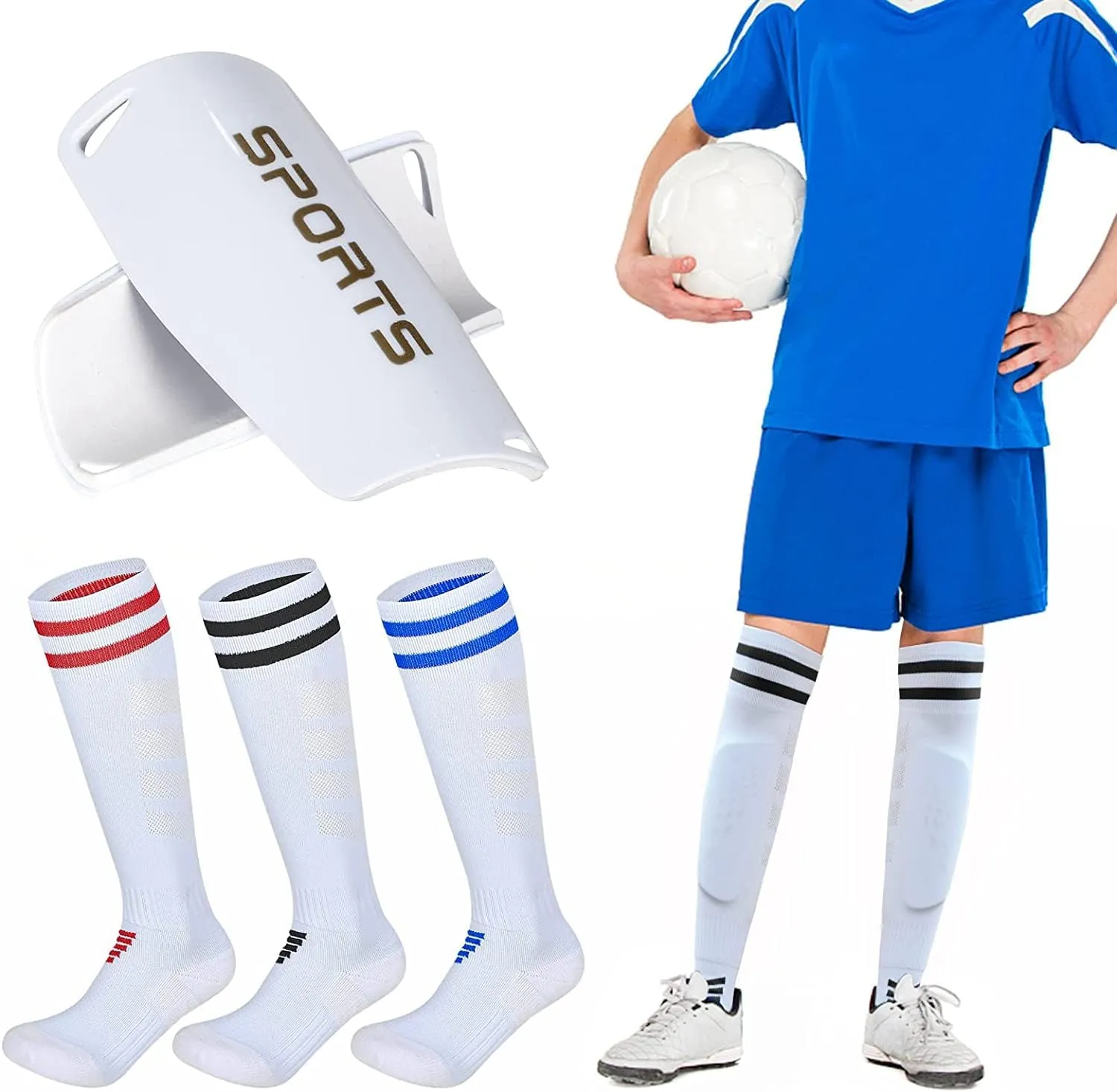 Shin Guards Soccer Youth, Soccer Socks Football Calf Shin Pads, Knee High Sport Long Sock, Ages for 3-20  Years Old