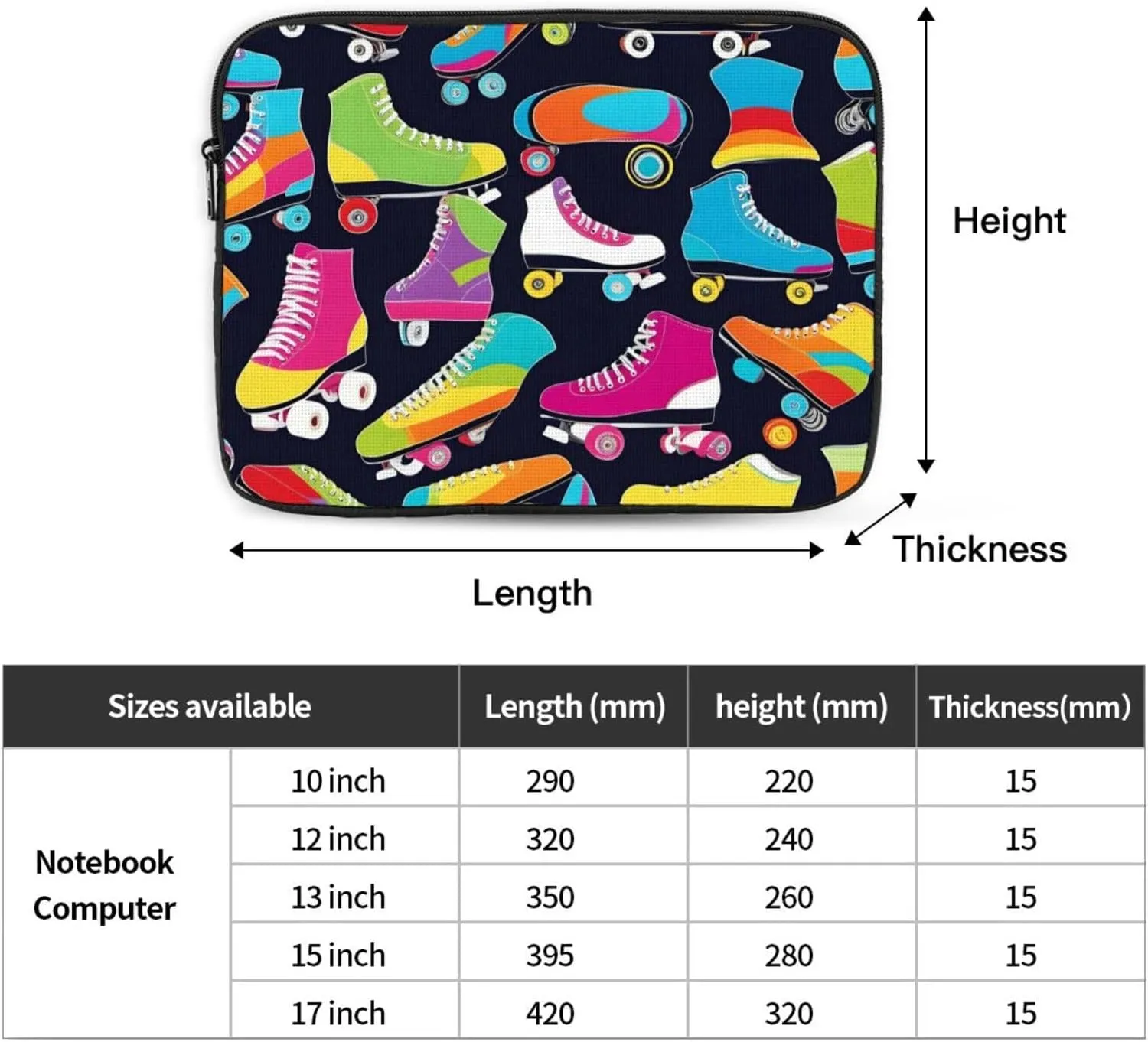 Shockproof Portable Laptop Sleeve Bag - for Trip, Travel, Office, Daily Use - for Men and Women Retro Roller Skates Prints