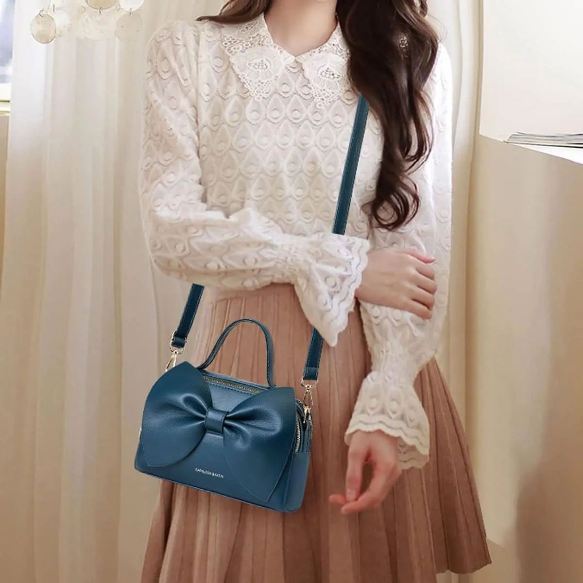 Shoulder Bag for Women PU Leather Purse Girls Bowknot Handbag Fashion Top-Handle Satchel Ladies Crossbody