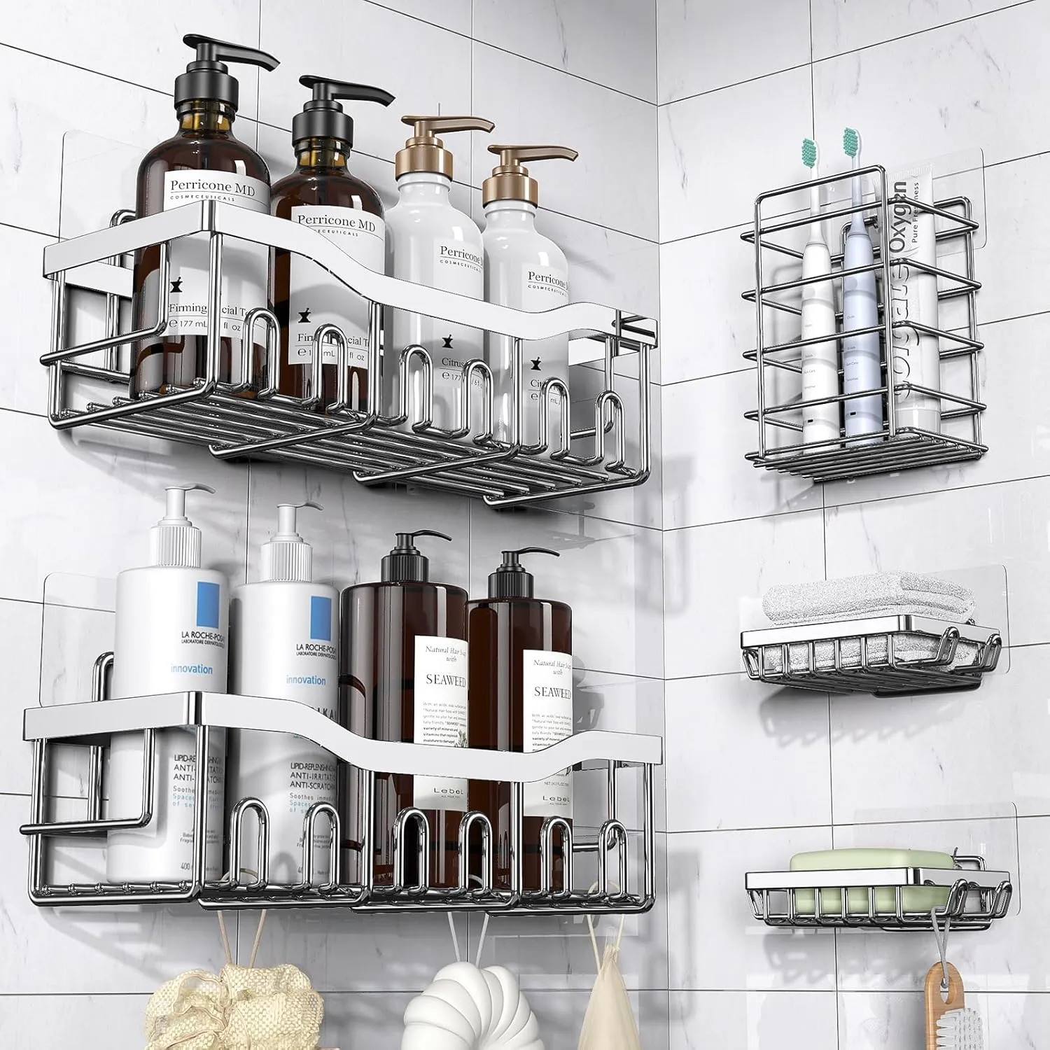 Shower Caddy 5 Pack - Adhesive Organizer for Bathroom & Kitchen, No Drilling, Large Capacity, Rustproof Stainless Steel Shelves