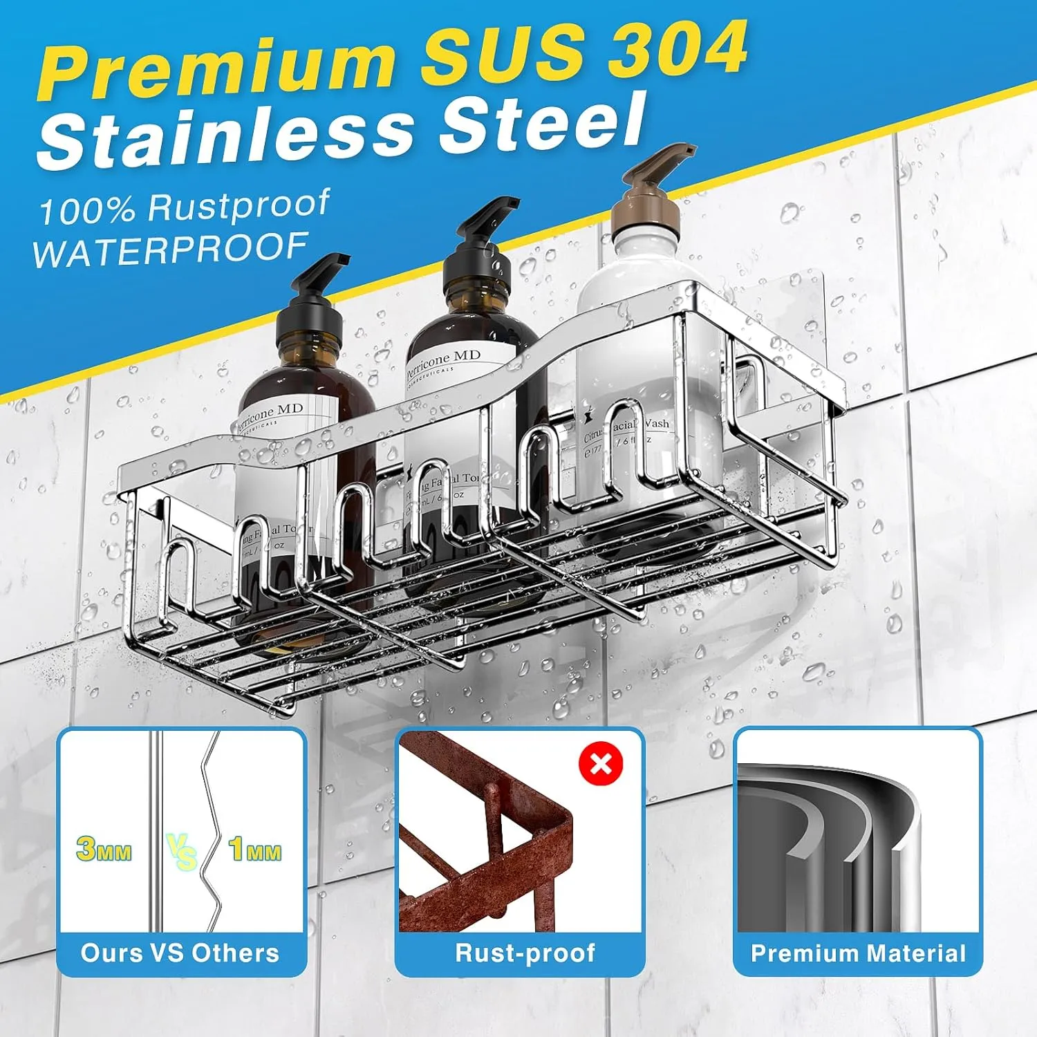 Shower Caddy 5 Pack - Adhesive Organizer for Bathroom & Kitchen, No Drilling, Large Capacity, Rustproof Stainless Steel Shelves