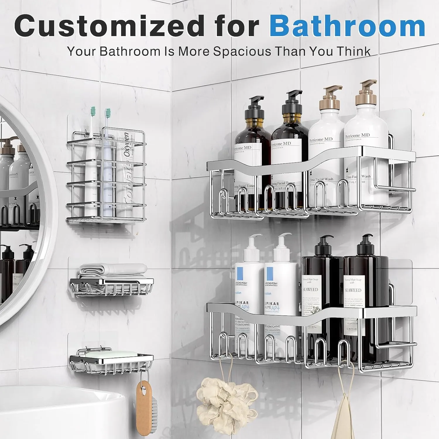 Shower Caddy 5 Pack - Adhesive Organizer for Bathroom & Kitchen, No Drilling, Large Capacity, Rustproof Stainless Steel Shelves
