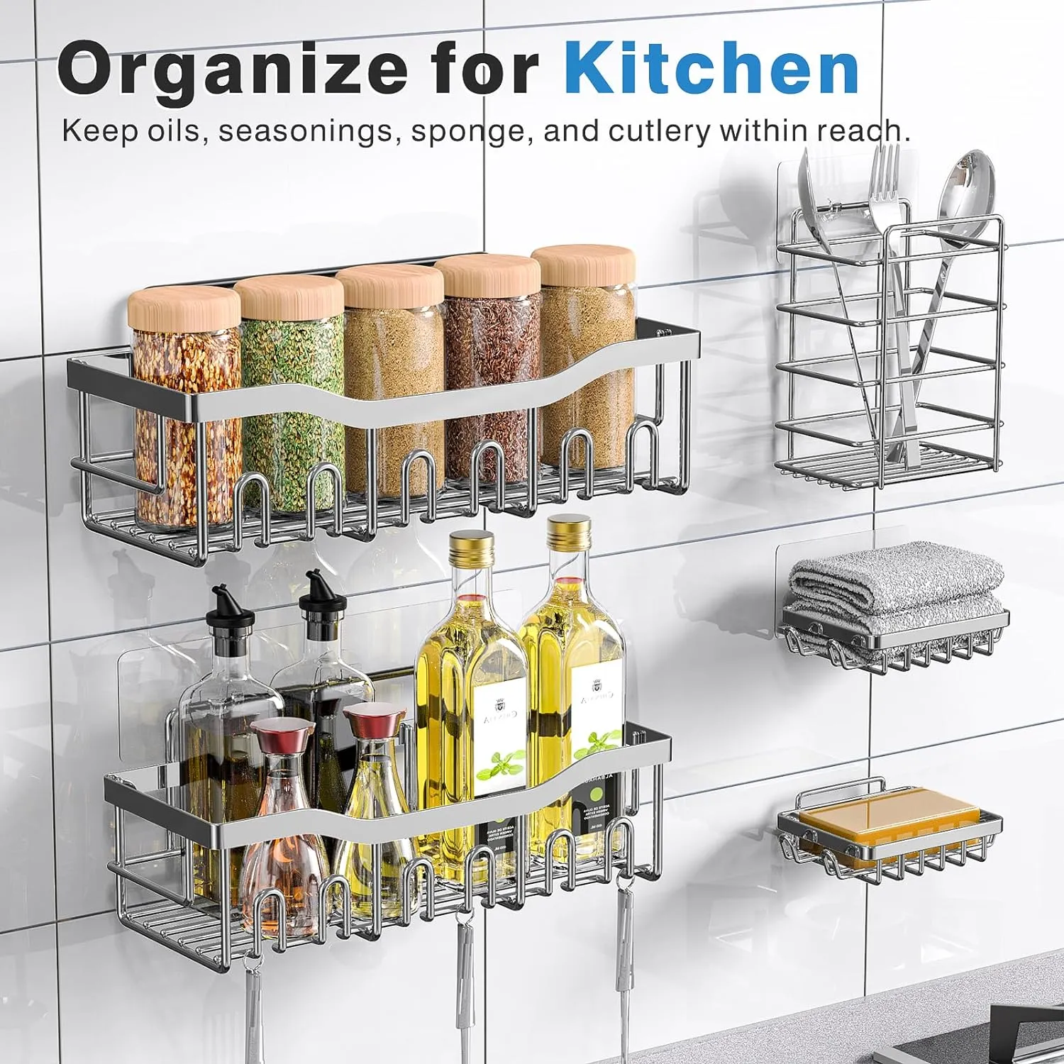 Shower Caddy 5 Pack - Adhesive Organizer for Bathroom & Kitchen, No Drilling, Large Capacity, Rustproof Stainless Steel Shelves
