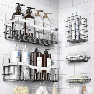 Shower Caddy 5 Pack - Adhesive Organizer for Bathroom & Kitchen, No Drilling, Large Capacity, Rustproof Stainless Steel Shelves