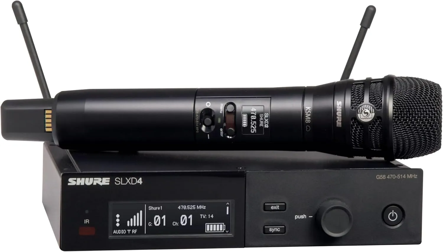 Shure SLXD24/K8B Digital Wireless Microphone System - Includes SLXD2 Handheld Transmitter with KSM8 Black Vocal Mic Capsule and SLXD4 Single Channel Rack Mount Receiver | J52 Band (SLXD24/K8B-J52)