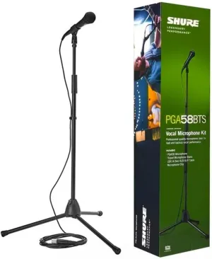 Shure Stage Performance Kit with PGA58 Cardioid Dynamic Vocal Handheld Microphone, XLR Cable and Mic Stand - for Onstage or Studio (PGA58BTS)