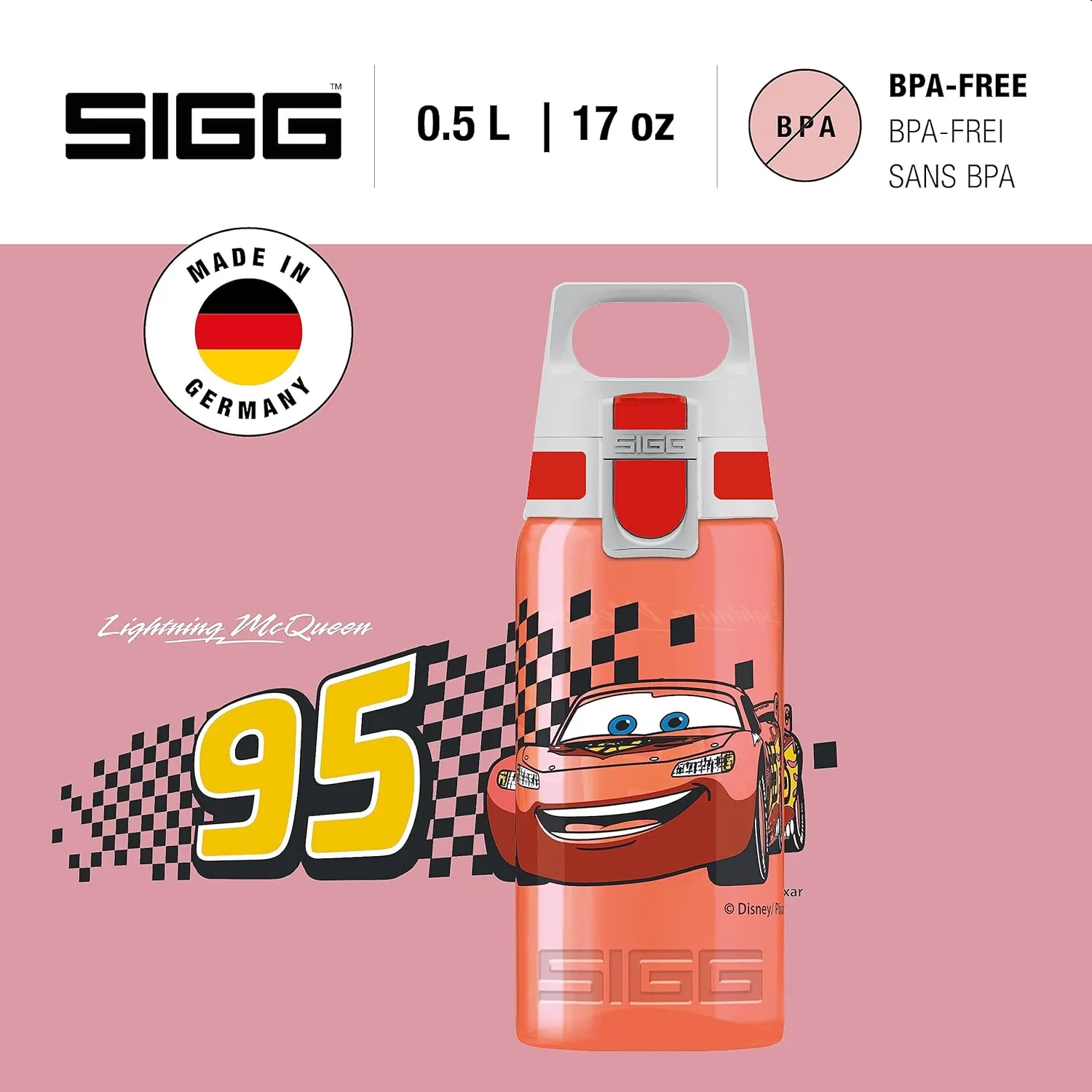 Sigg - Kids Water Bottle - Viva One Disney Cars - Suitable for Carbonated Beverages - Leakproof - Dishwasher Safe - BPA Free - Sports & Bike - Red - 0.5L