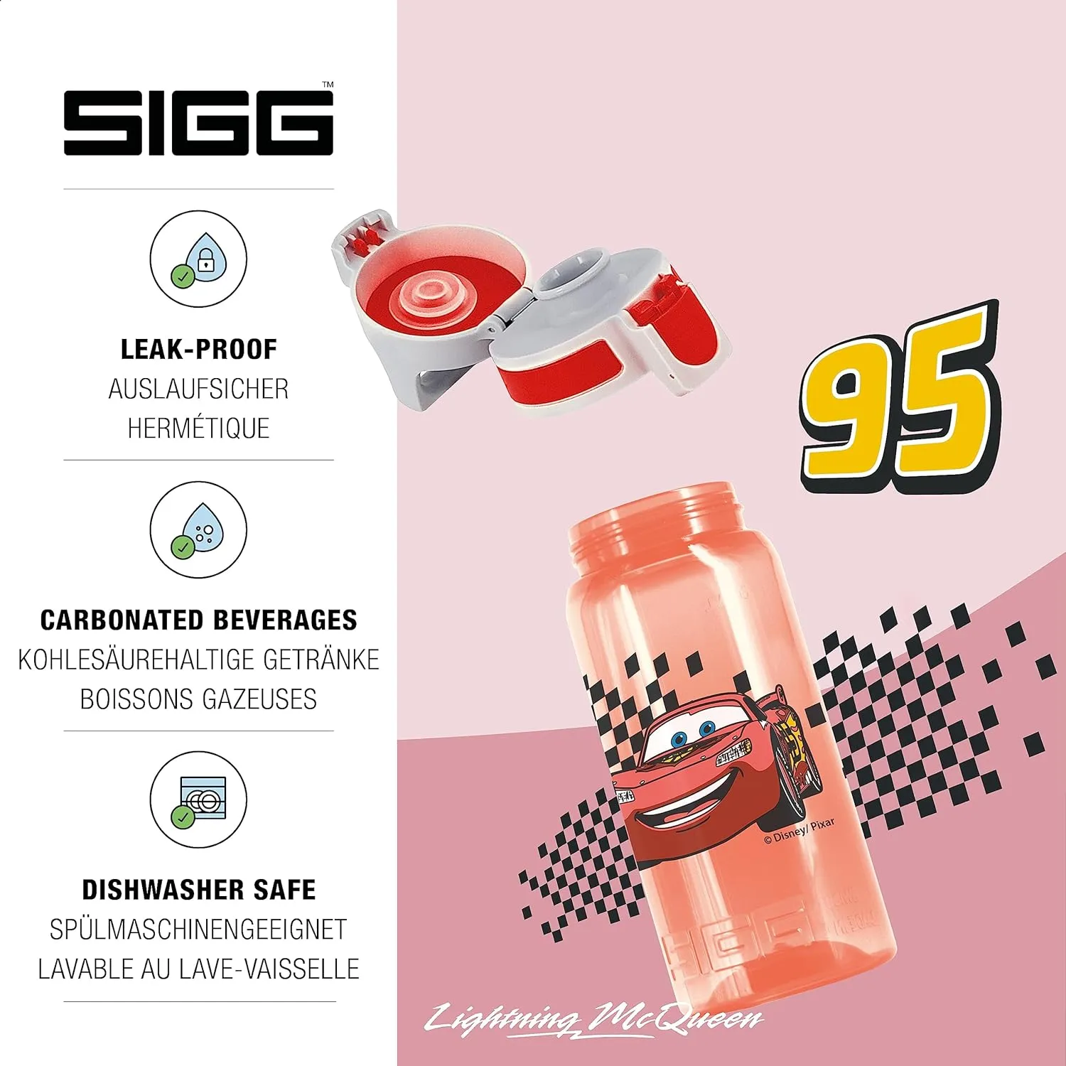Sigg - Kids Water Bottle - Viva One Disney Cars - Suitable for Carbonated Beverages - Leakproof - Dishwasher Safe - BPA Free - Sports & Bike - Red - 0.5L