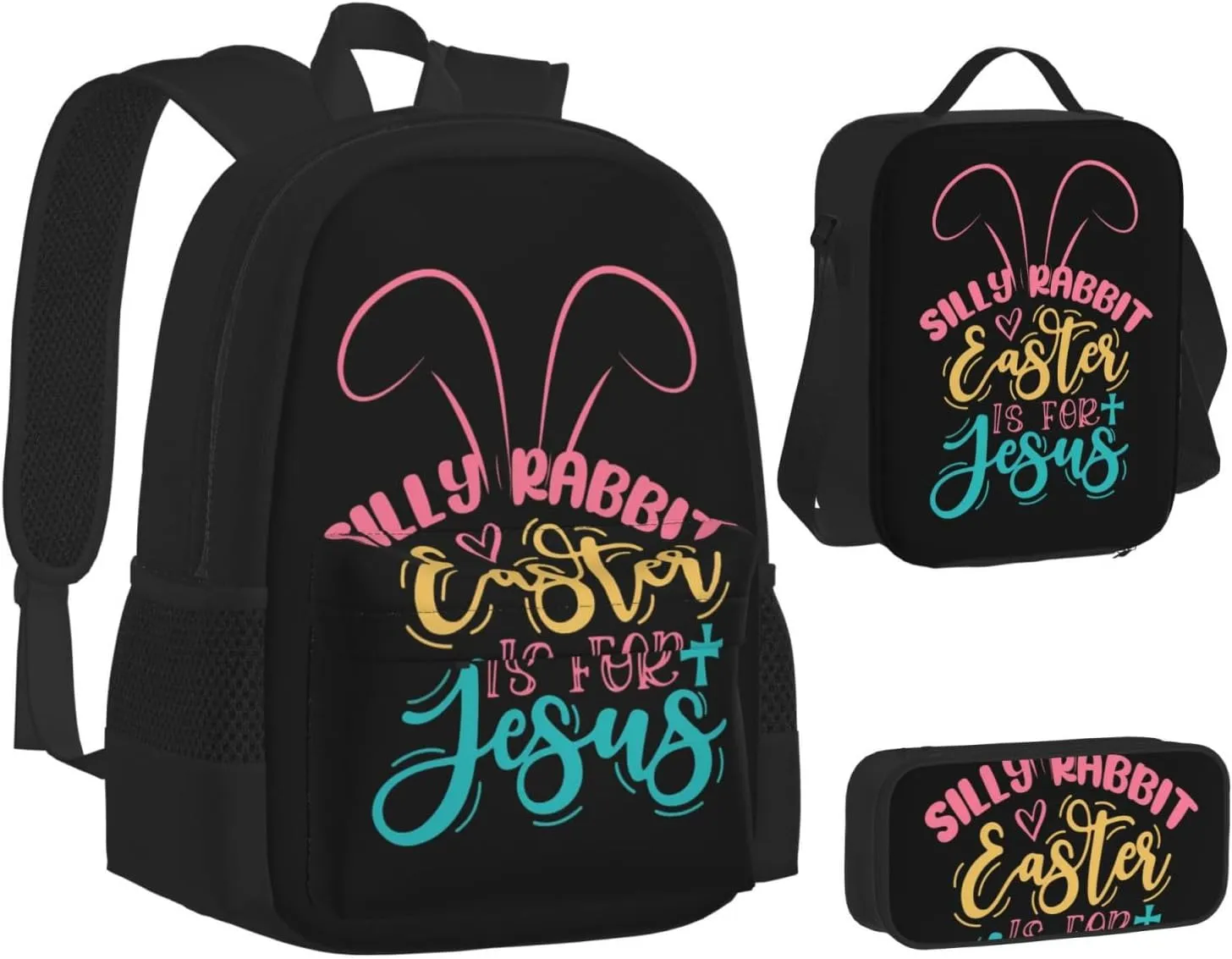 Silly Rabbit Easter Is For Jesus Multifunctional Pocket Backpack Crossbody Lunch Bag Pencil Case 3Pcs Set Large Capacity Backpack