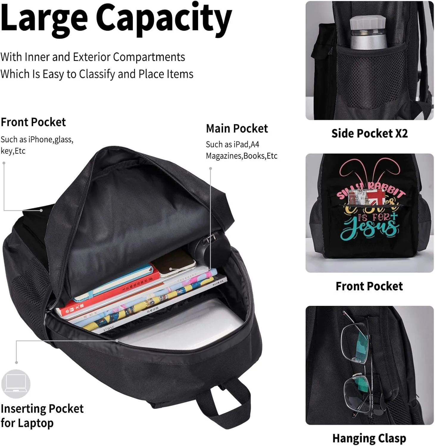 Silly Rabbit Easter Is For Jesus Multifunctional Pocket Backpack Crossbody Lunch Bag Pencil Case 3Pcs Set Large Capacity Backpack