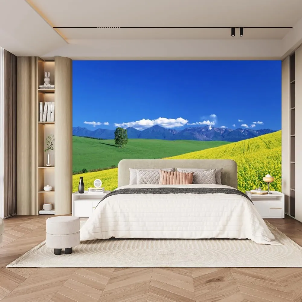 Sky Mountains Custom Mural, Prairie Pastoral Peel and Stick Wallpaper Natural Scenery 3D Poster Photo Wallpaper Bedroom Living Room Background Wall Mural,158"Wx110"H
