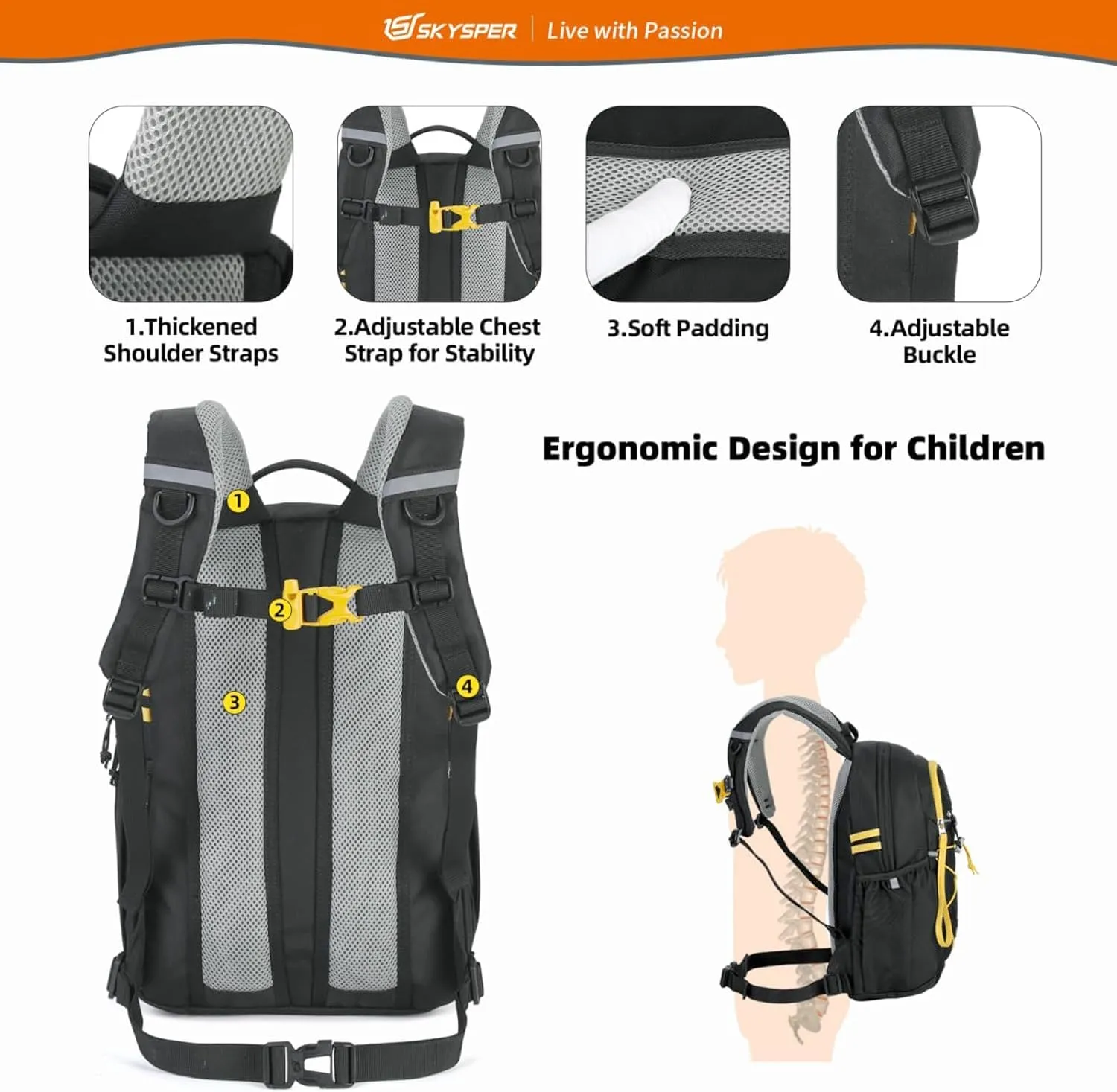 SKYSPER Kids Backpack 12L Children School Bag Child Boy Girl Pack Ages 4-8 for Traveling Day Trips Classes Camping(Black)
