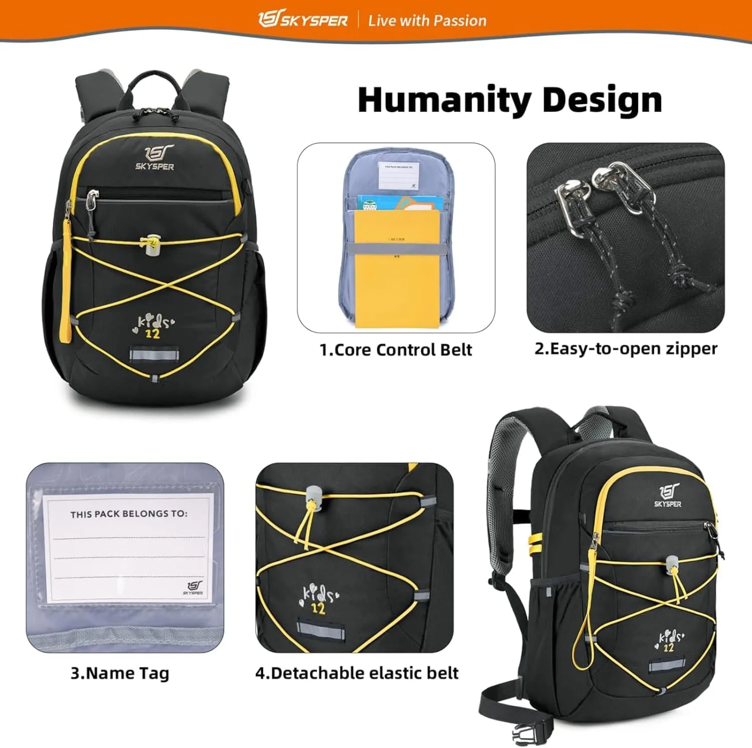 SKYSPER Kids Backpack 12L Children School Bag Child Boy Girl Pack Ages 4-8 for Traveling Day Trips Classes Camping(Black)