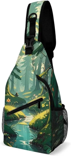 Sling Bag Crossbody Chest Bag Casual Shoulder Backpack Sport Travel Hiking Daypack for Women Men,Enchanted Wilderness Fantasy on Dark Green
