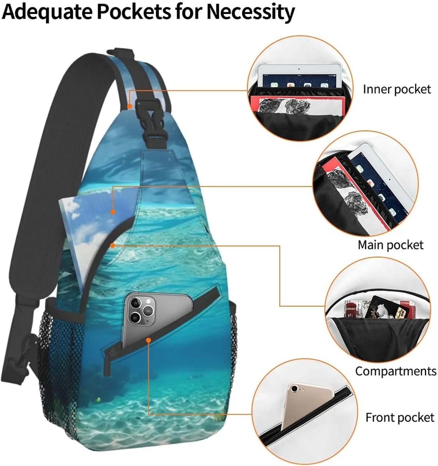 Sling Bag for Women Men Shoulder Bag Valley Chest Bag Travel Fanny Pack Lightweight Casual Daypack, Underwater View of Tropical Beach, One Size