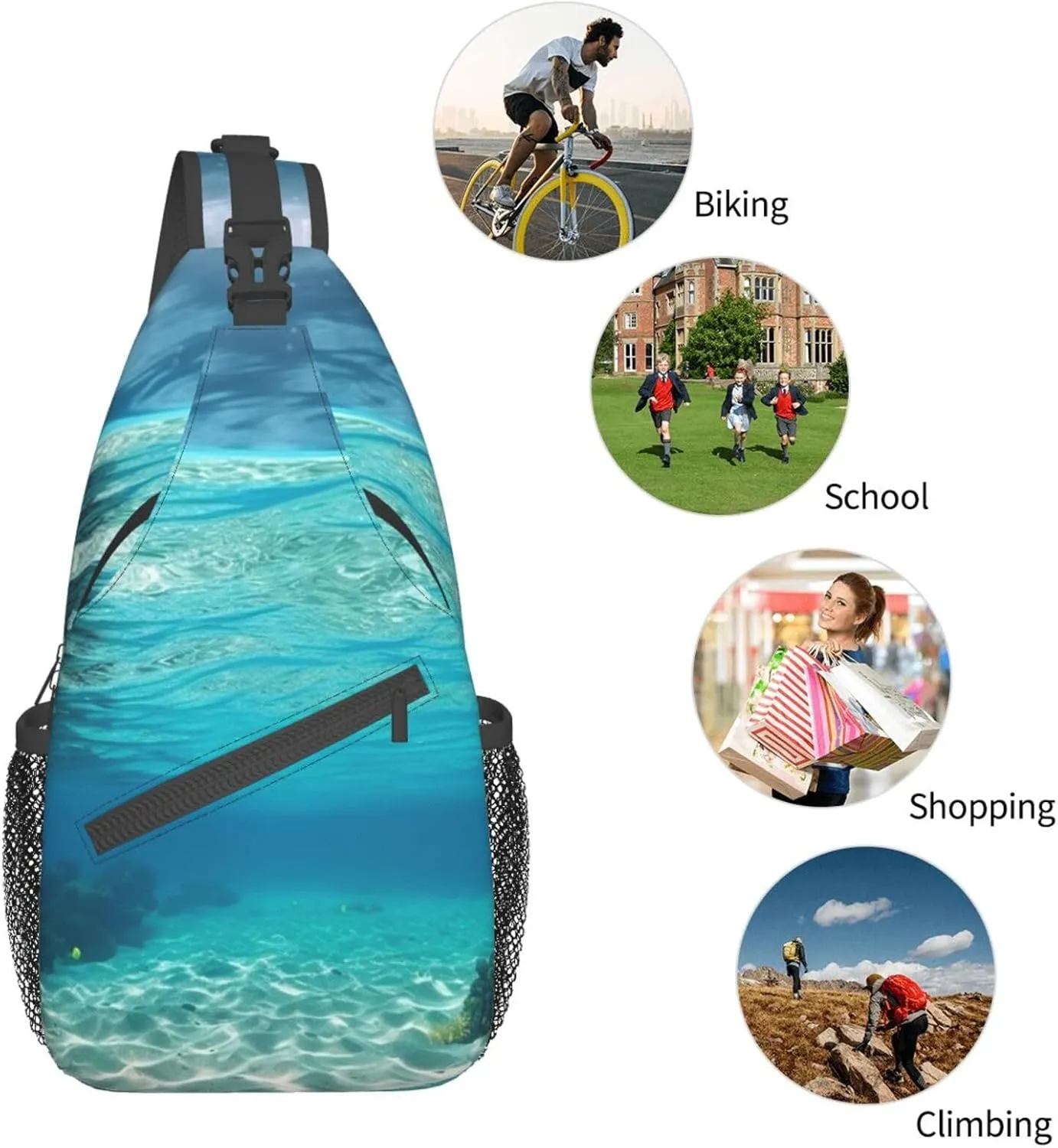Sling Bag for Women Men Shoulder Bag Valley Chest Bag Travel Fanny Pack Lightweight Casual Daypack, Underwater View of Tropical Beach, One Size