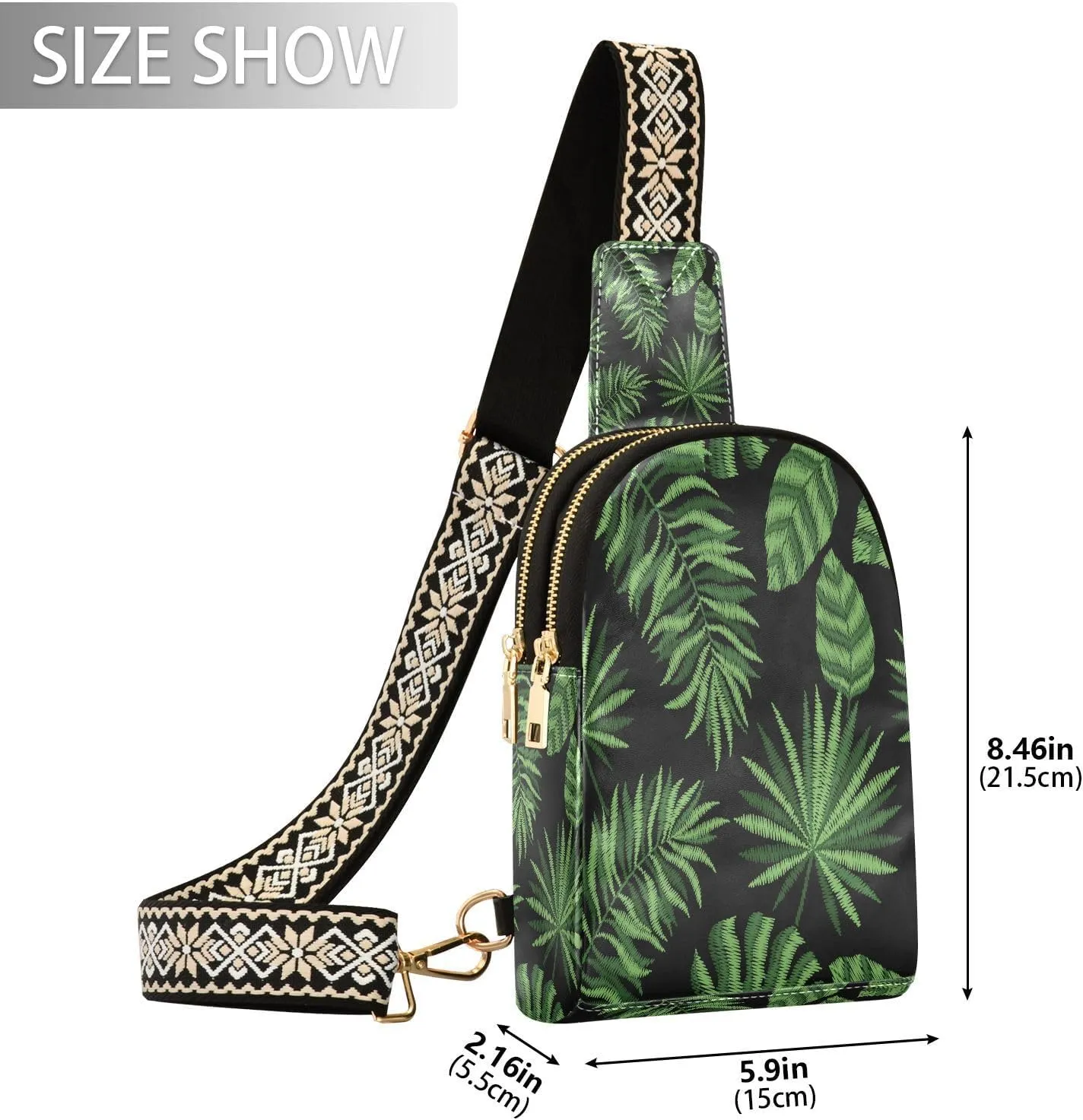 Small Sling Bag for Women Crossbody Embroidery Tropical Leaves Fashion Leather Crossbody Bag for Women Trendy Crossbody Purse Fanny Pack with Adjustable Guitar Strap Outfit