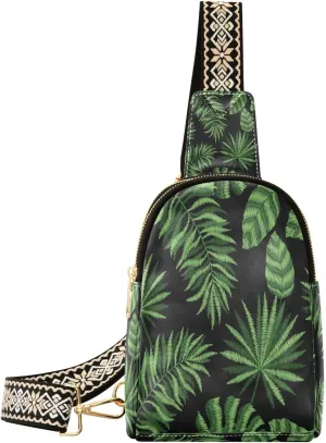 Small Sling Bag for Women Crossbody Embroidery Tropical Leaves Fashion Leather Crossbody Bag for Women Trendy Crossbody Purse Fanny Pack with Adjustable Guitar Strap Outfit