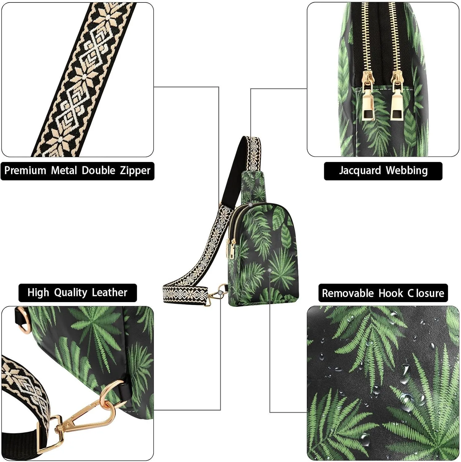 Small Sling Bag for Women Crossbody Embroidery Tropical Leaves Fashion Leather Crossbody Bag for Women Trendy Crossbody Purse Fanny Pack with Adjustable Guitar Strap Outfit