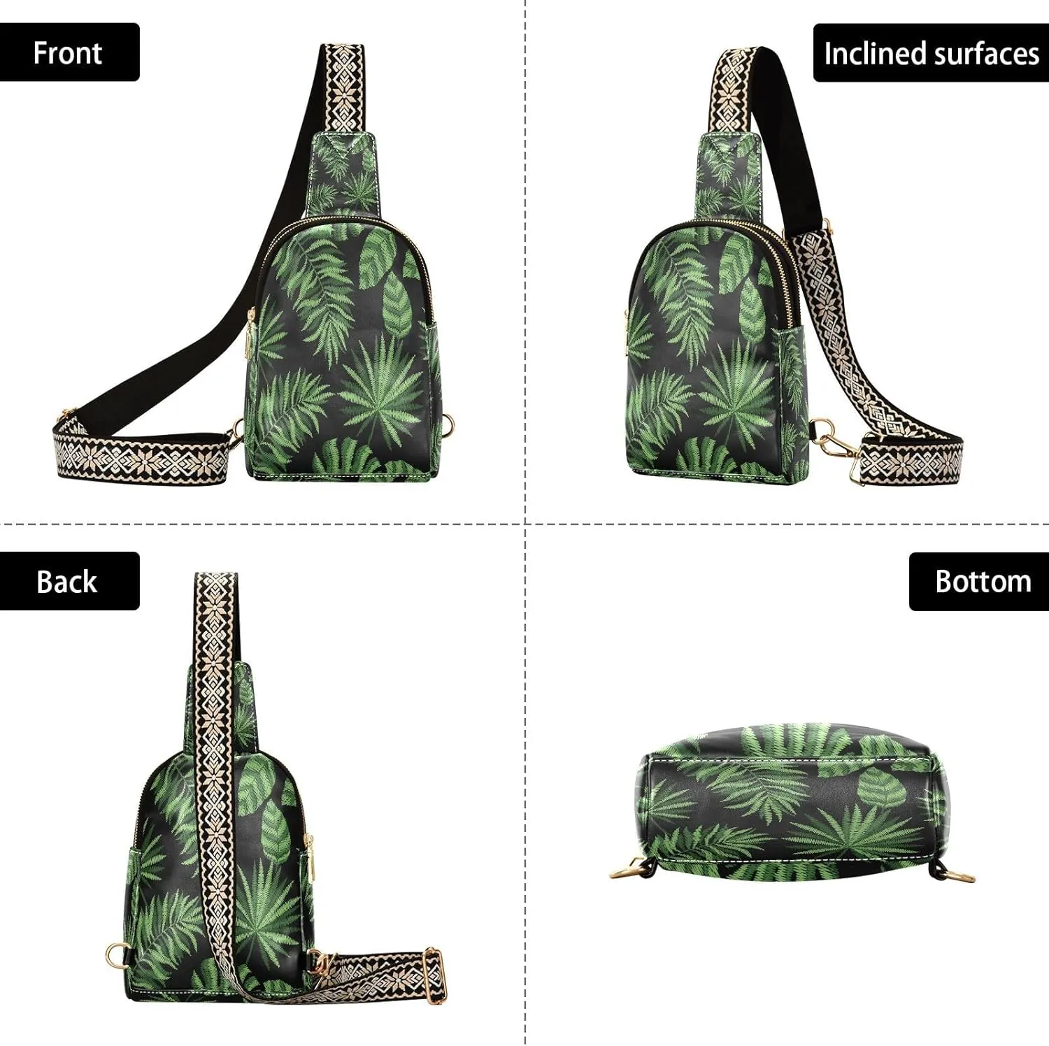 Small Sling Bag for Women Crossbody Embroidery Tropical Leaves Fashion Leather Crossbody Bag for Women Trendy Crossbody Purse Fanny Pack with Adjustable Guitar Strap Outfit