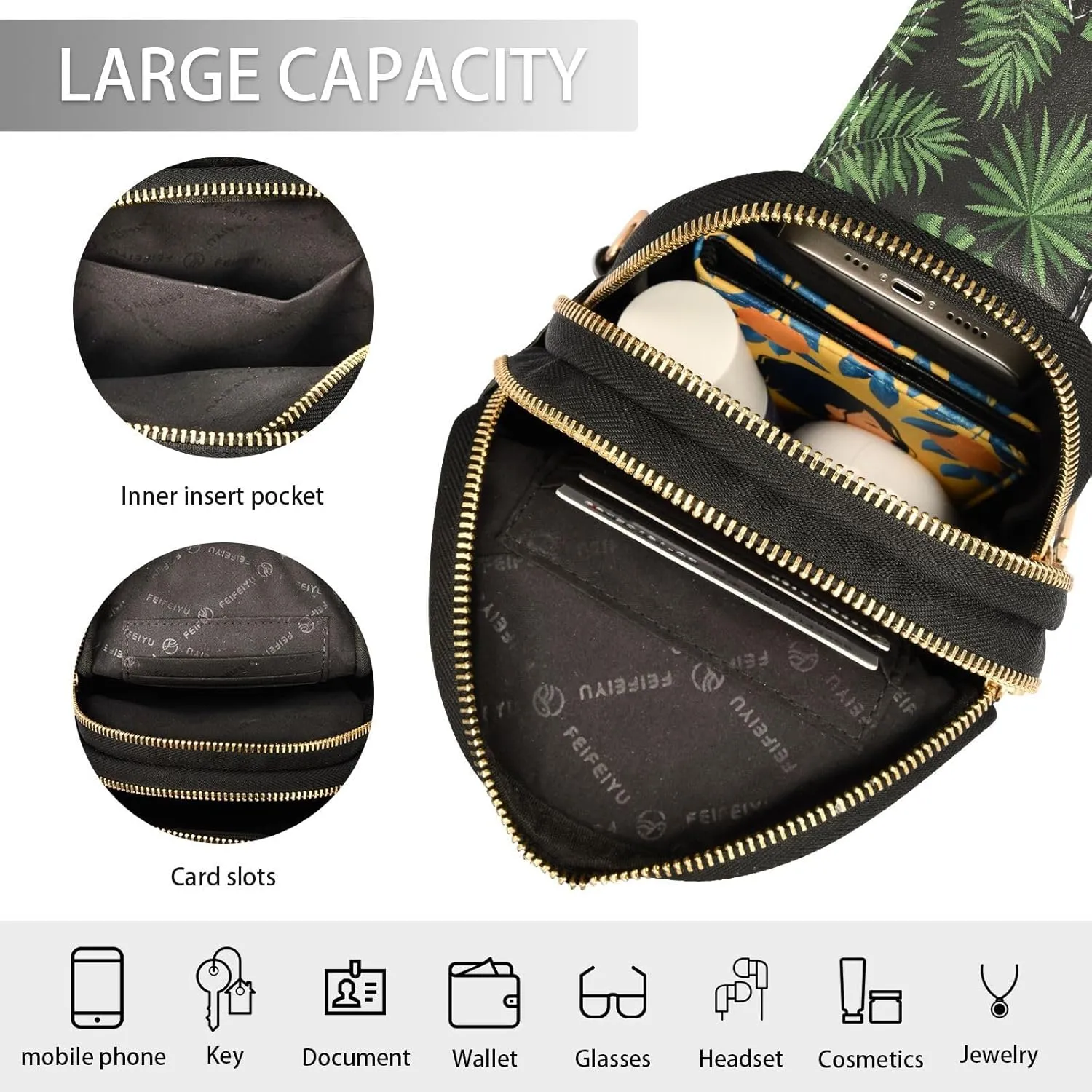 Small Sling Bag for Women Crossbody Embroidery Tropical Leaves Fashion Leather Crossbody Bag for Women Trendy Crossbody Purse Fanny Pack with Adjustable Guitar Strap Outfit