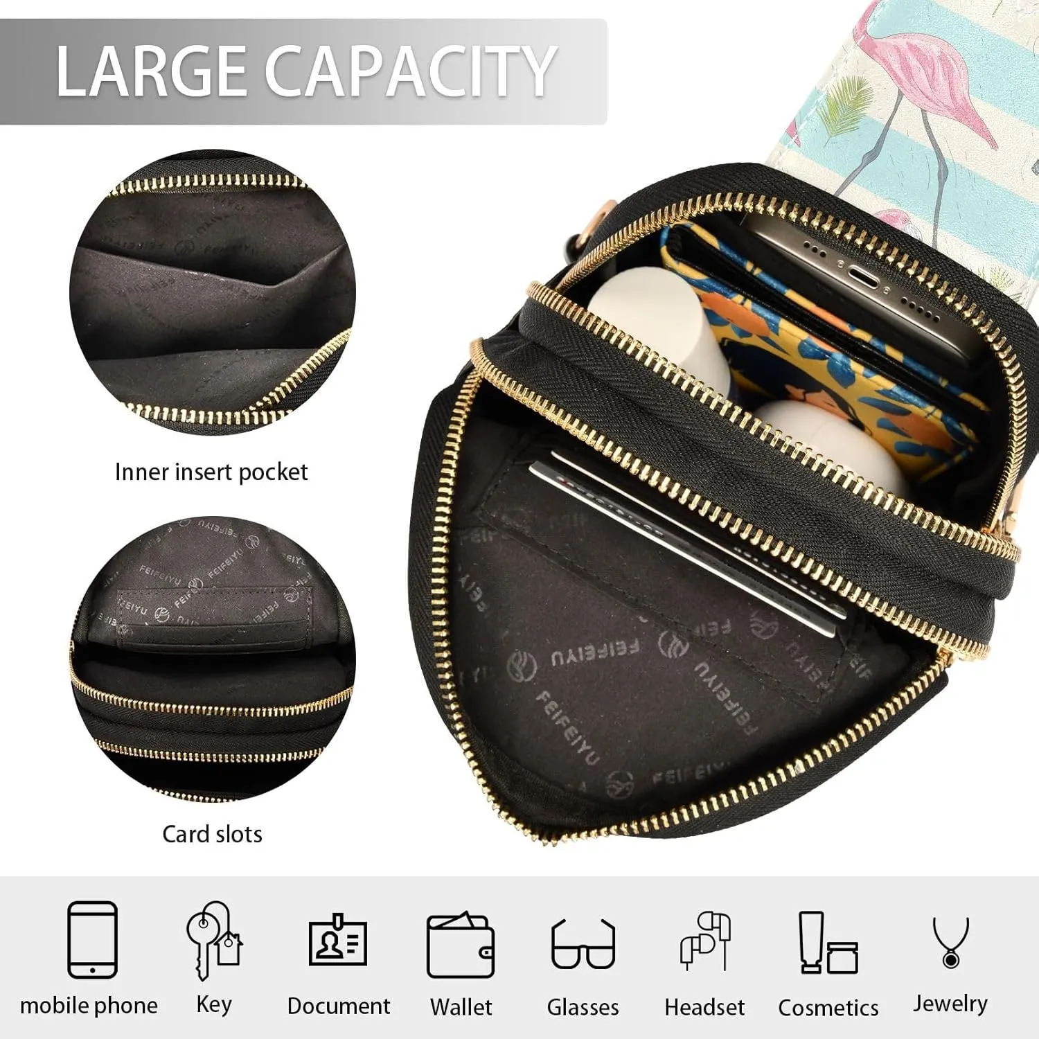 Small Sling Bag for Women Summer Cute Flamingos Leather Fanny Pack Crossbody Bag Tropical Palm Leaves Chest Bag Trendy Fashion Waist Packs for Outdoor Travel Sports Hiking