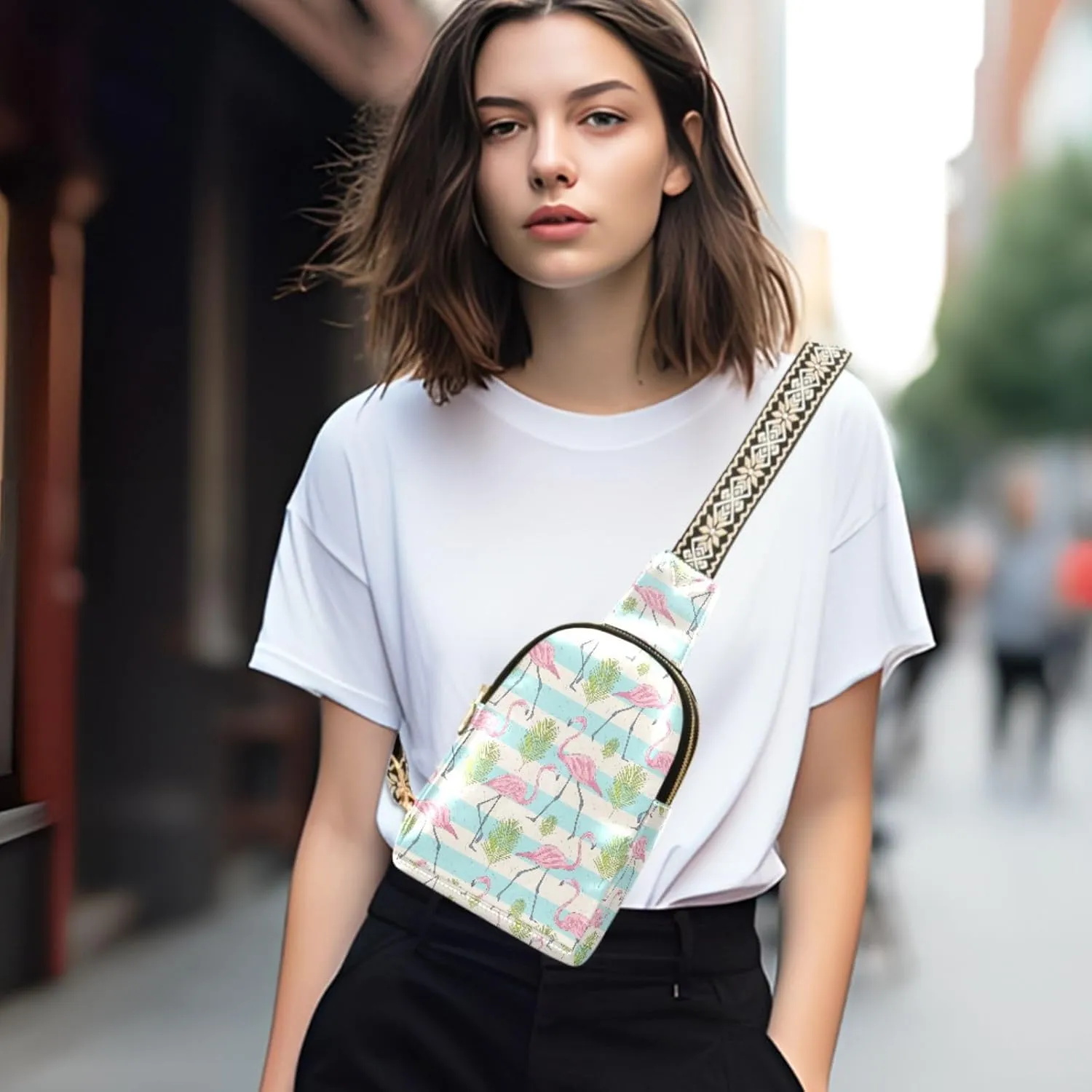 Small Sling Bag for Women Summer Cute Flamingos Leather Fanny Pack Crossbody Bag Tropical Palm Leaves Chest Bag Trendy Fashion Waist Packs for Outdoor Travel Sports Hiking