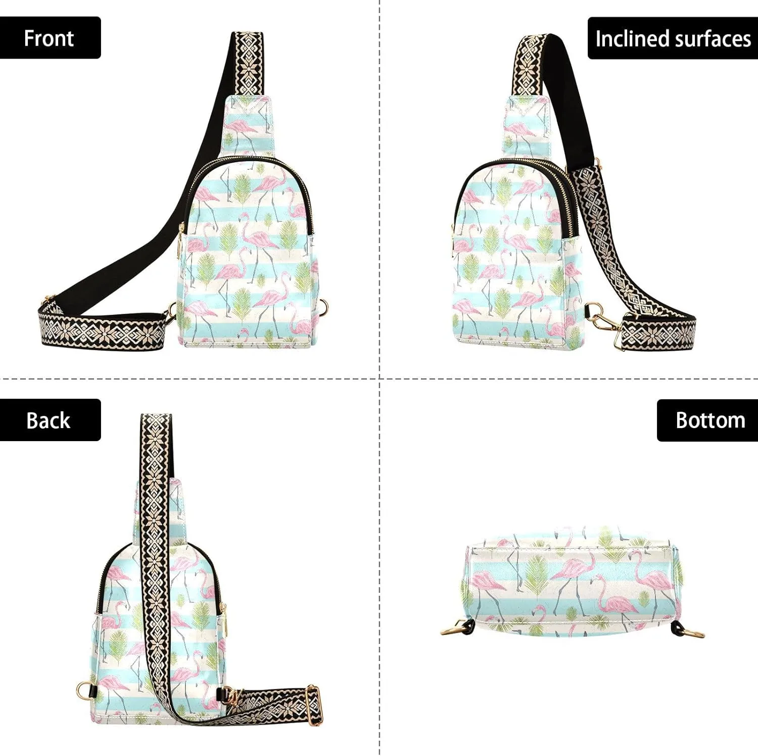 Small Sling Bag for Women Summer Cute Flamingos Leather Fanny Pack Crossbody Bag Tropical Palm Leaves Chest Bag Trendy Fashion Waist Packs for Outdoor Travel Sports Hiking