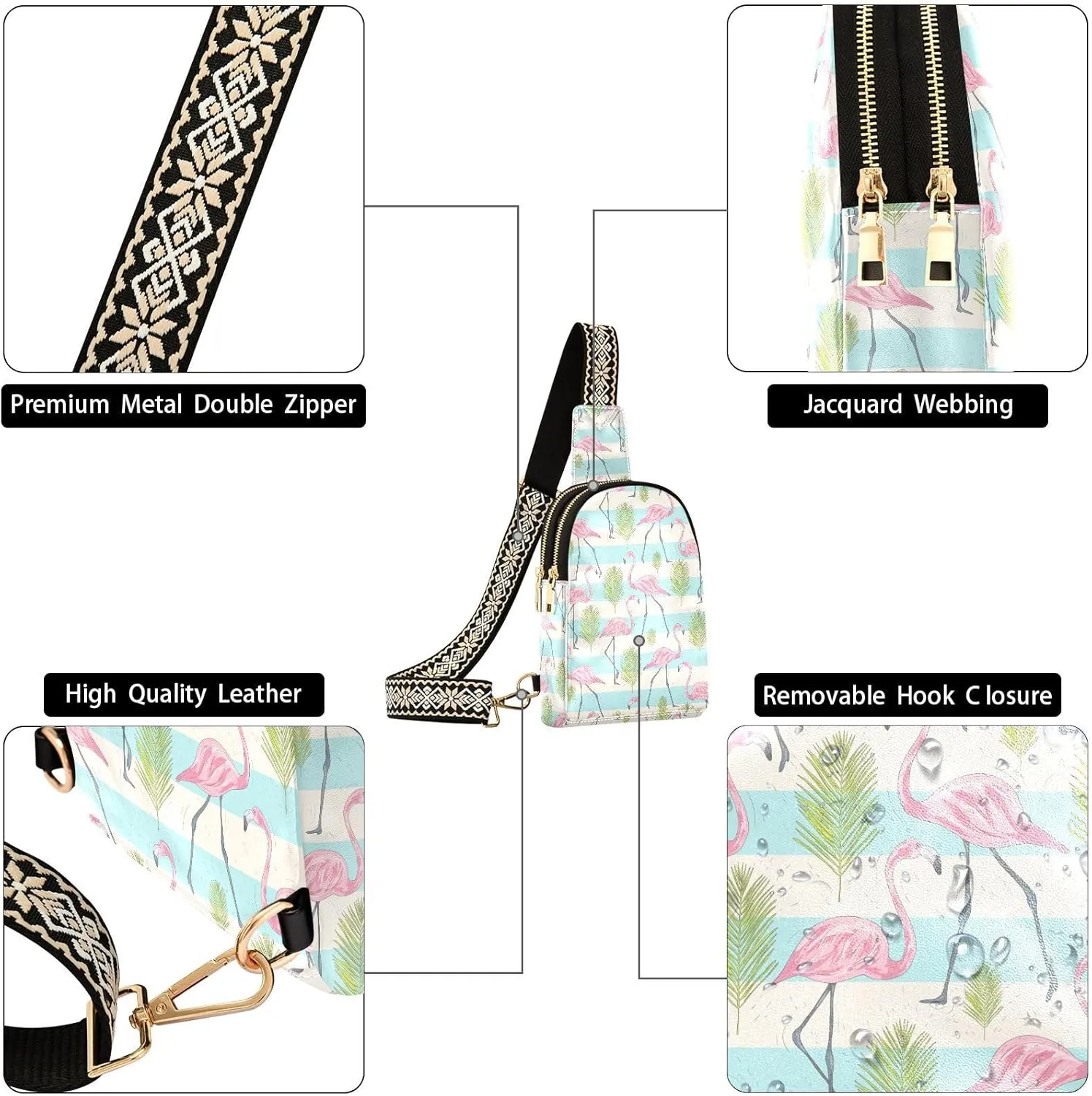 Small Sling Bag for Women Summer Cute Flamingos Leather Fanny Pack Crossbody Bag Tropical Palm Leaves Chest Bag Trendy Fashion Waist Packs for Outdoor Travel Sports Hiking