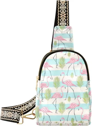 Small Sling Bag for Women Summer Cute Flamingos Leather Fanny Pack Crossbody Bag Tropical Palm Leaves Chest Bag Trendy Fashion Waist Packs for Outdoor Travel Sports Hiking