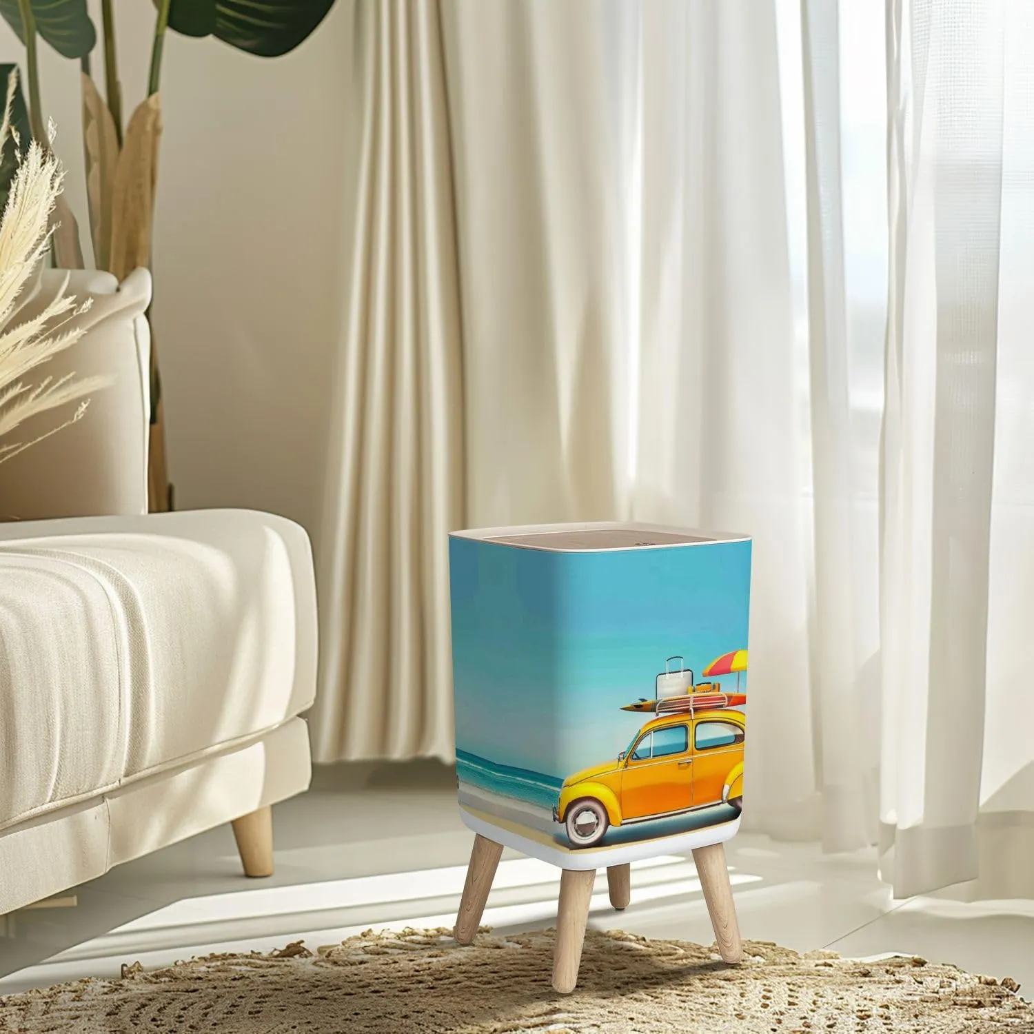 Small Trash Can with Lid Small retro car baggage luggage beach equipment roof fully packed Wastebasket with Press Cover Dog Proof Garbage Can Waste Bin for Kitchen Bathroom Nursery 2.6 Gallon