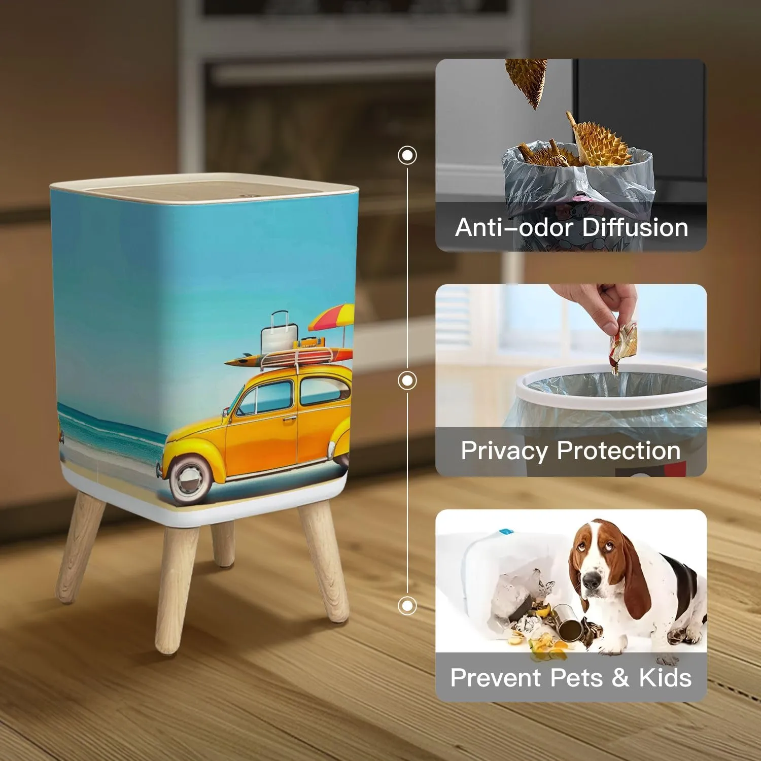 Small Trash Can with Lid Small retro car baggage luggage beach equipment roof fully packed Wastebasket with Press Cover Dog Proof Garbage Can Waste Bin for Kitchen Bathroom Nursery 2.6 Gallon