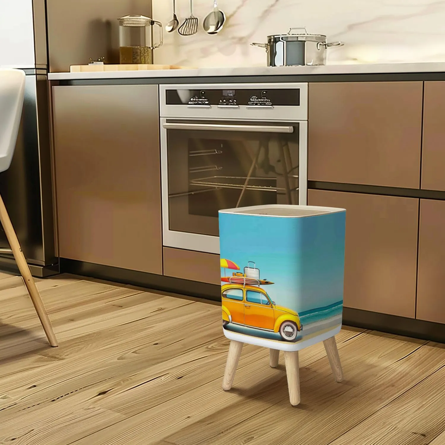 Small Trash Can with Lid Small retro car baggage luggage beach equipment roof fully packed Wastebasket with Press Cover Dog Proof Garbage Can Waste Bin for Kitchen Bathroom Nursery 2.6 Gallon